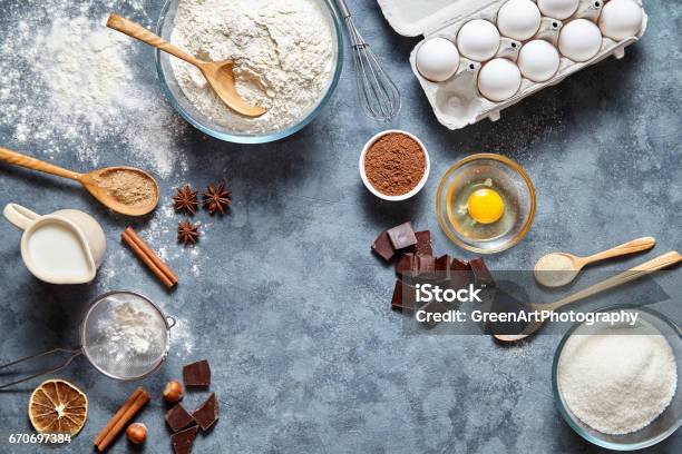 Brownie Dough Preparation Cookie Or Pie Recipe Ingridients Sweet Food Flat Lay Top View Stock Photo - Download Image Now