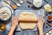 Dough bread, pizza or pie recipe traditional preparation. Female chef cook hands rolling dough with pin
