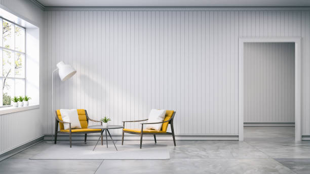 istock scandinavian style , interior design,light yellow armchair with lamp on white wall and concrete flooring , 3d render 670702140
