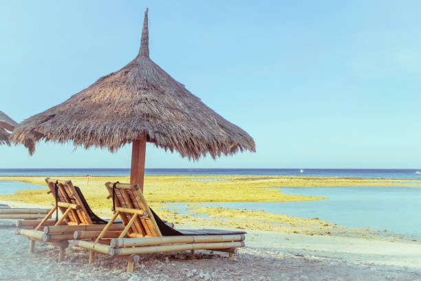 istock Tiki hut with sunbed , next to beach 670705220