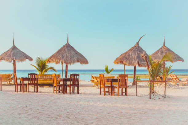 Group of tropical tiki hut bar and chairs at the beach. It's placed in a row.