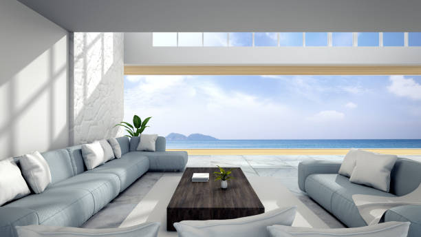 istock White room interior  near beach with  sky and sea view /3d render 670705698