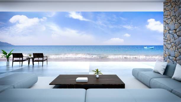 istock modern room interior  near beach with  sky and sea view /3d render 670705826