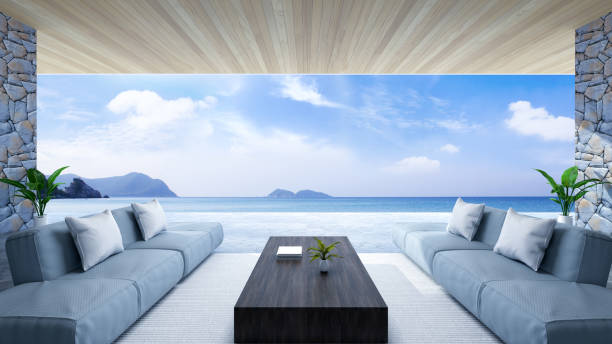 istock modern room interior  near beach with  sky and sea view /3d render 670705922
