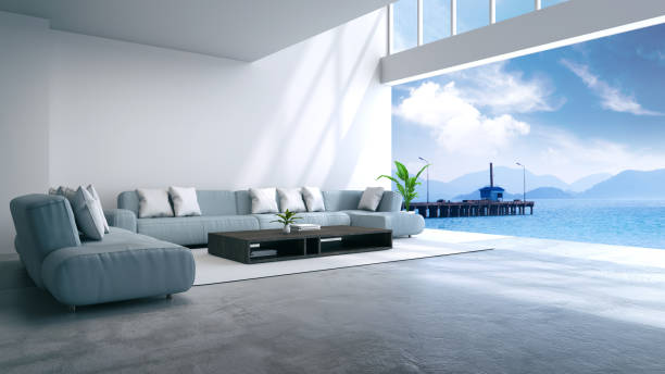 istock modern room interior  near beach with  sky and sea view /3d render 670705984