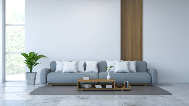 istock White room interior, blue sofa and wood table  on Marble floor and white wall /3d render 670708470
