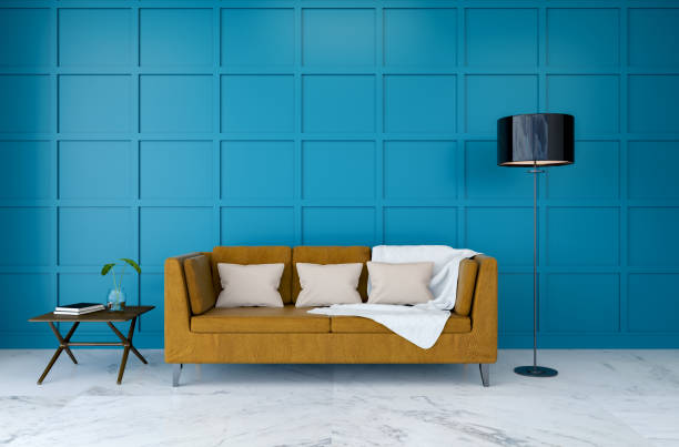istock Modern room interior, brown leather sofa on marble flooring and  dark green wall  /3d render 670708546