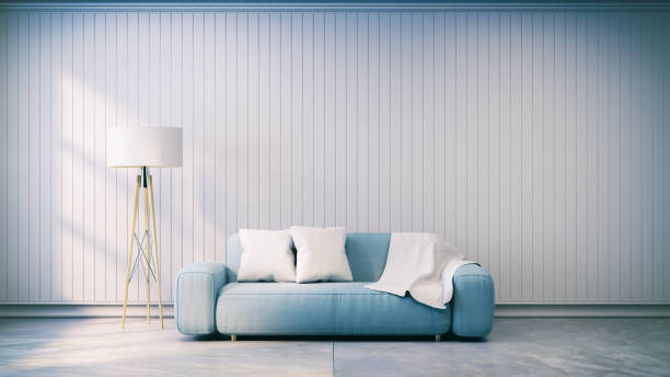 istock Minimalist  interior design,light gray sofa with lamp on gray wall and concrete flooring ,vintage style, 3d render 670712412