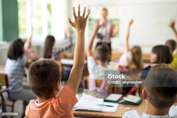 Back View Of Schoolboy Raising Hand To Answer The Question Stock Photo - Download Image Now