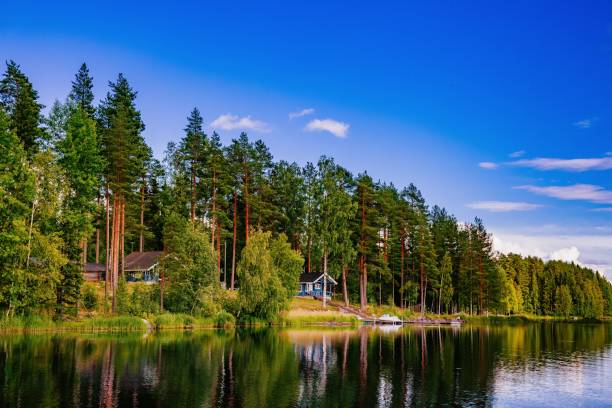 wooden log cabin at the lake in summer in finland - finland sauna lake house imagens e fotografias de stock