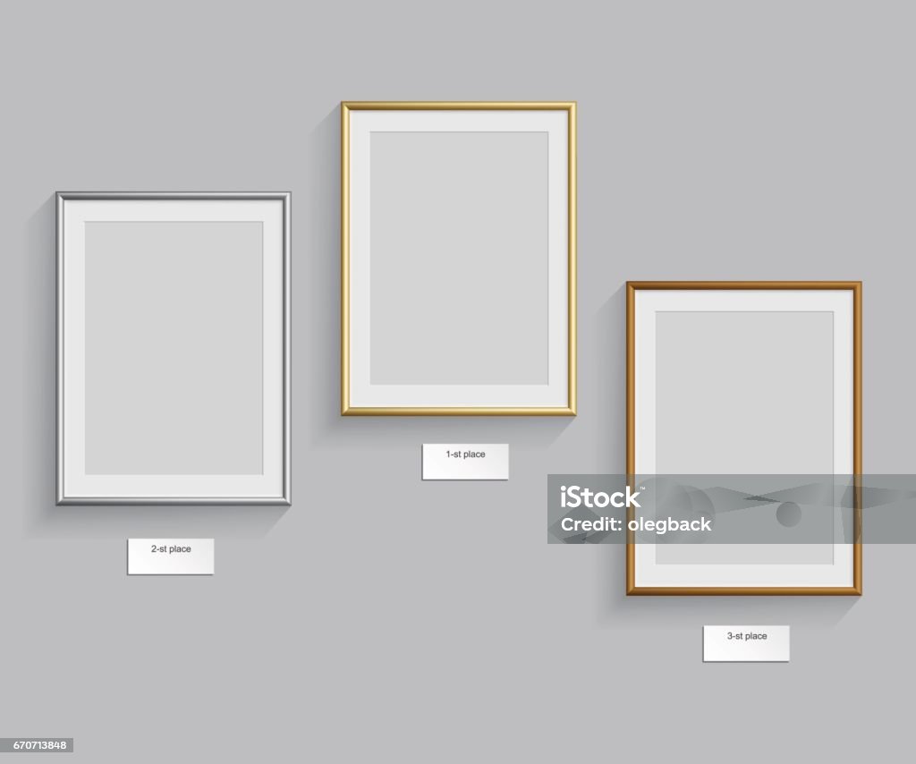 Golden, silver and bronze frames isolated on grey background. Vector illustration. Podium frames. Picture Frame stock vector