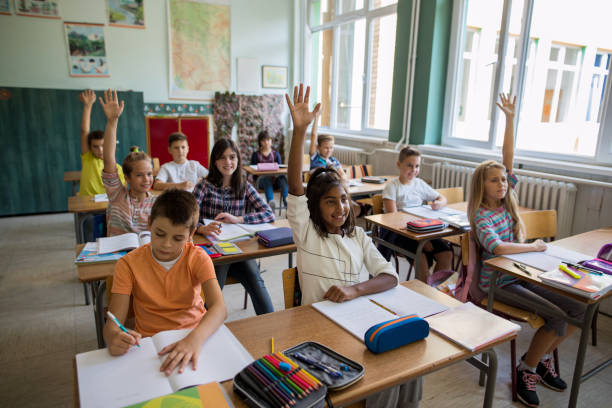 istock Group of happy elementary students with raised hands in classroom. 670716378