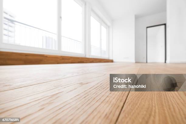 Empty Room Wooden Floor In New Apartment Stock Photo - Download Image Now - Flooring, Hardwood Floor, Parquet Floor