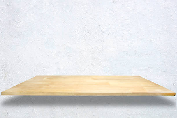 istock Wooden shelves and white brick wall background. For product display. 670720796