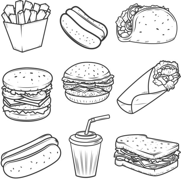 ilustrações de stock, clip art, desenhos animados e ícones de hot dog, burger, taco, sandwich, burrito .set of fast food icons isolated on white background. design elements for icon
, label, emblem, sign, brand mark. - food meat doodle dairy product