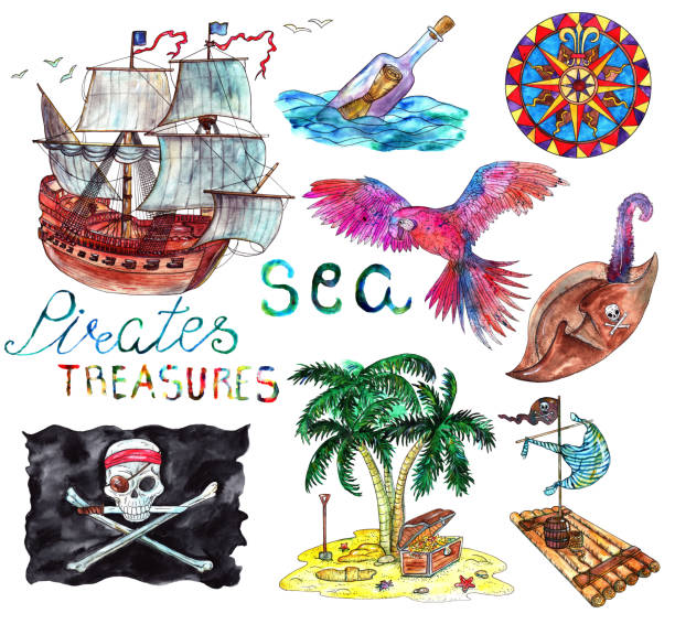 Sea collection with hand drawn marine and pirate elements isolated Old transportation concept, vintage illustration with watercolor elements. Graphic doodle drawings sail boat clipart pictures stock illustrations