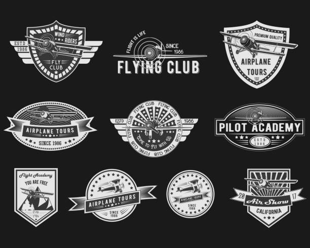 Vector set of Vintage Aviation for logo templates, icons, emblems, color graphic collection signs, air flight, tour, promotion promotion isolated on black background Vector set of Vintage Aviation for logo templates, icons, emblems, color graphic collection signs, air flight, tour, promotion promotion isolated on black background air show stock illustrations