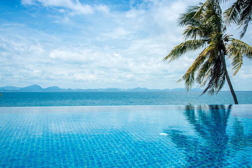 Pool overlooking the sea and coconut trees.samui Island in thailand.