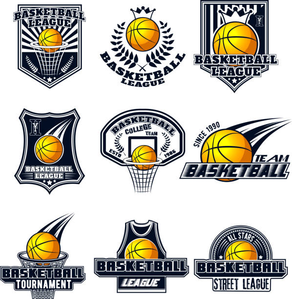 벡터는 흰색 바탕에 인쇄, 웹, 디자인, 광고, 스포츠 팀 농구 디자인 설정 - 농구 팀 스포츠 stock illustrations