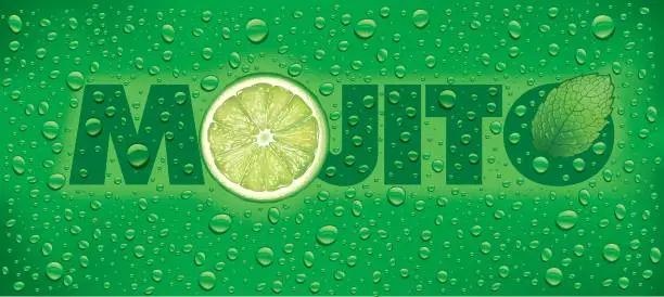 Vector illustration of mojito with lime slice, mint leaf and many water drops
