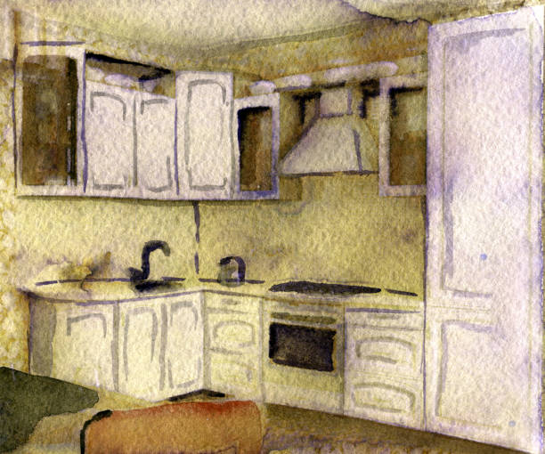 istock watercolor sketch of modern kitchen on white background 670741084