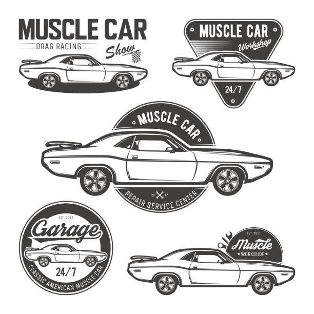 set_of_classic_muscle_car_emblems - tyre garage ilustrasi stok
