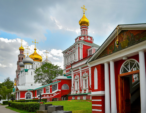 vivid red church view in Moscow, Russia