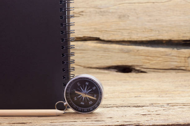 istock Compass with notebook and pencil on old wooden background. 670744430