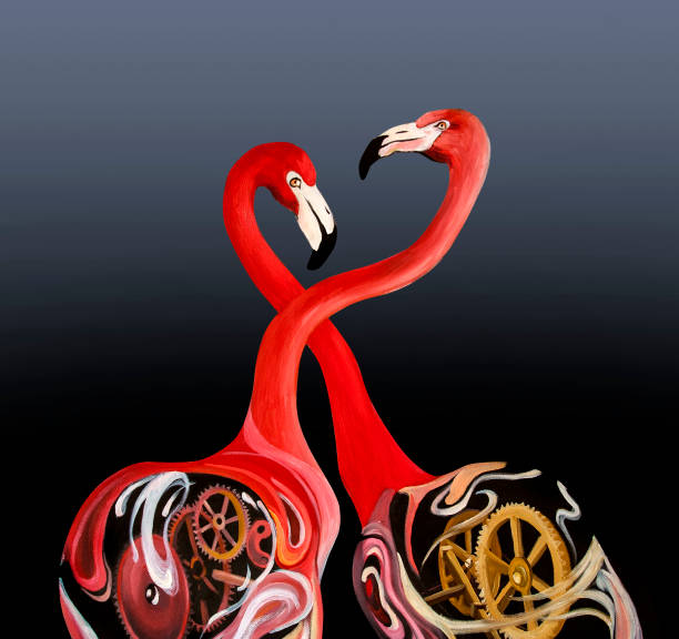 istock Flamingo birds kissing, original painting, oil on canvas 670745268