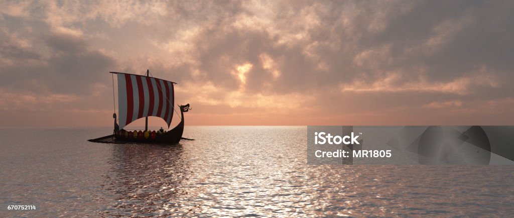 Viking ship at dusk Computer generated 3D illustration with a Viking ship at dusk Viking Ship stock illustration