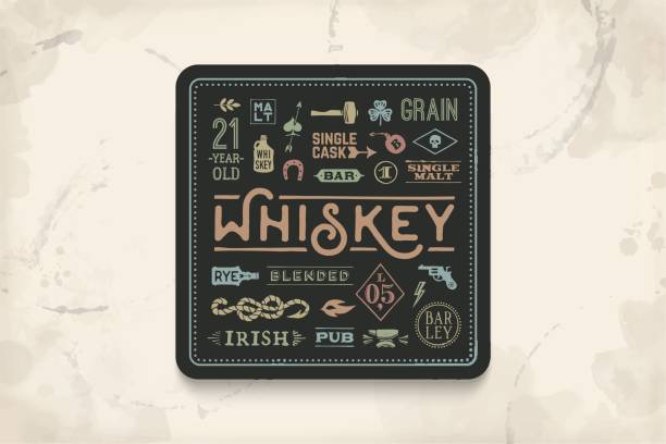 Coaster for whiskey and alcohol beverage Coaster for whiskey and alcoholic beverages. Vintage drawing for bar, pub and whiskey themes. Black square for placing whiskey glass over it with lettering, drawings. Vector Illustration irish punt note stock illustrations