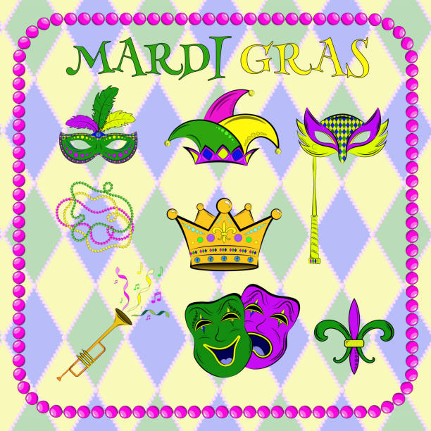 illustrations, cliparts, dessins animés et icônes de vector set célébration du mardi gras. le masque de joie et tristesse, masque de vacances, chapeau de clown, couronne, trompette festive dans un coloris vert, mauve et jaune - mardi gras backgrounds bead purple