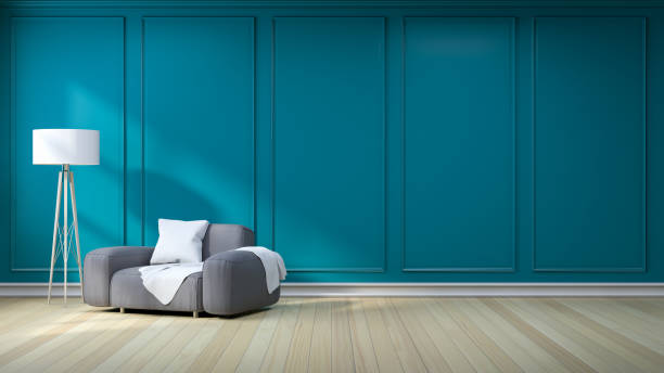 istock Minimalist  interior design,dark gray sofa with lamp on green - blue dark wall and hardwood flooring , 3d render 670792326