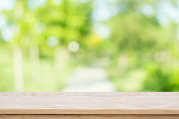 istock Wood table top on nature blurred background,Space for placing products 670796208