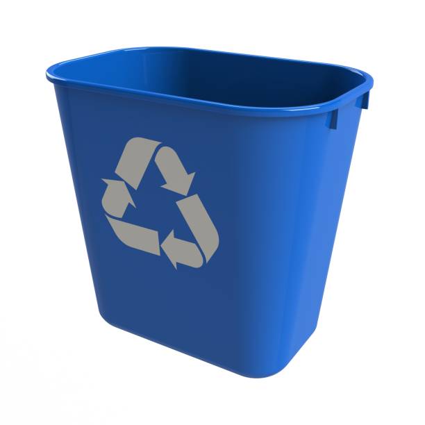 illustrazioni stock, clip art, cartoni animati e icone di tendenza di vista isometrica del cestino di riciclaggio blu su sfondo bianco, rendering 3d - krung