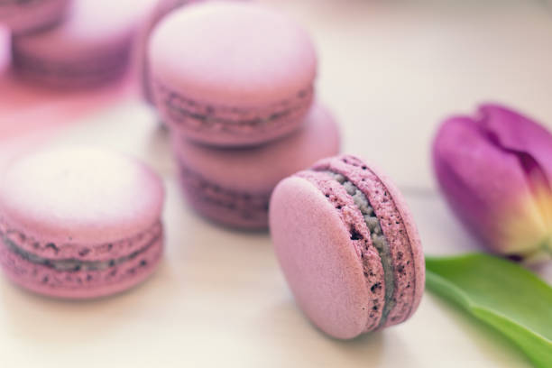 istock Violet sweet delicious macaroons and fresh tulips 670806244