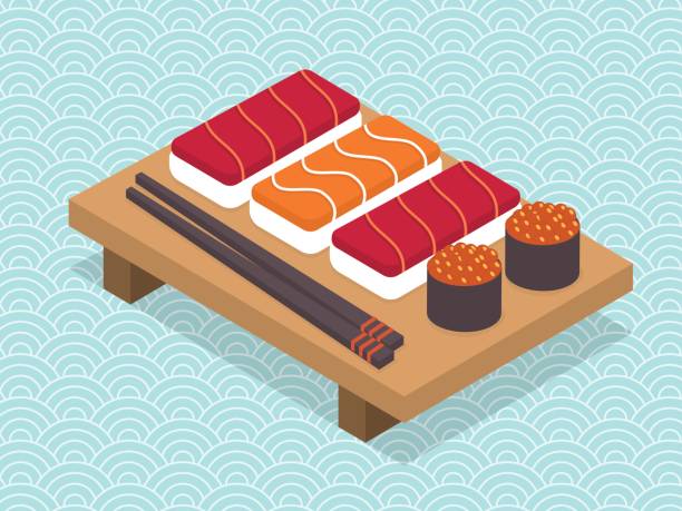 Sushi and rolls set. Sushi and rolls set. Japanese traditional menu cuisine. Vector food illustration cartoon of the sushi plate stock illustrations