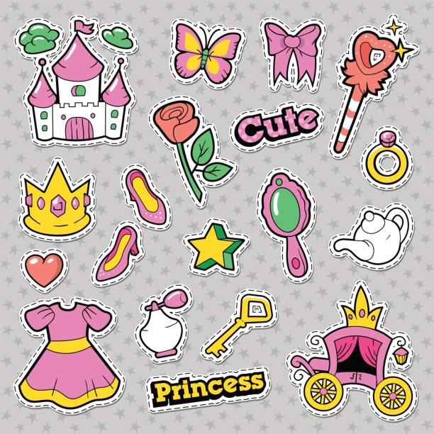illustrazioni stock, clip art, cartoni animati e icone di tendenza di badge principessa ragazza, patch, adesivi con corona - butterfly women humor fun