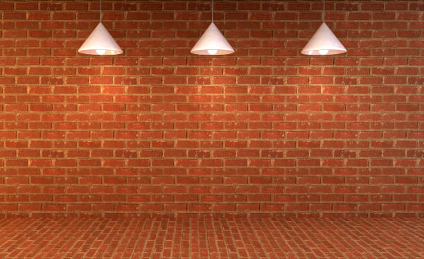 istock Blank brick wall with place for text illuminated by lamps above,3d render 670822594