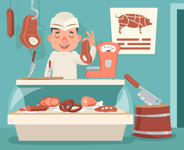 ilustrações, clipart, desenhos animados e ícones de carne loja contador açougueiro vendedor retrô vintage cartoon personagem ícone background design ilustração em vetor - filet mignon bacon fillet steak