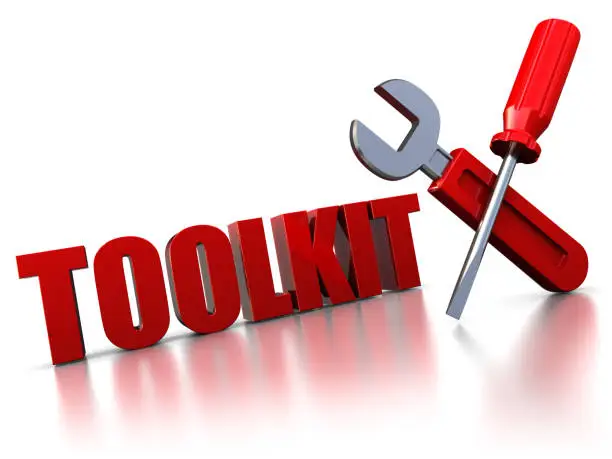 3d illustration of text 'toolkit' with wrench and screwdriver