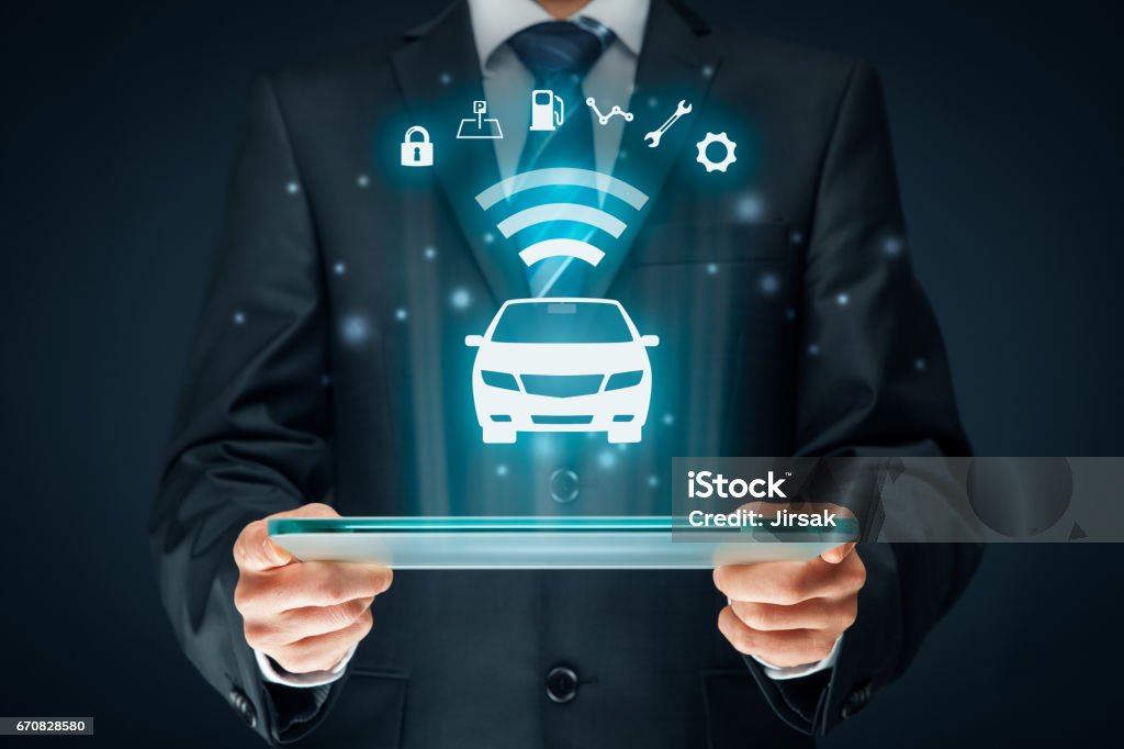 Intelligent car, intelligent vehicle and smart cars concept Intelligent car, intelligent vehicle and smart cars concept. Symbol of the car and information via wireless communication about security, parking location, fuel, drive analysis, service and car settings. Automobile Industry Stock Photo