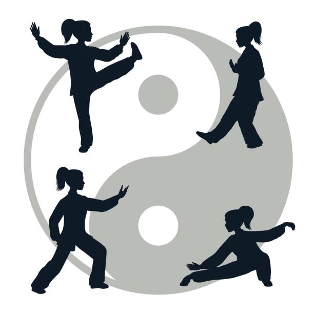 Outline illustration of Tai Chi isolated on white background Vector silhouettes of yang woman performs a few forms of Tai Chi isolated on white background qi gong stock illustrations