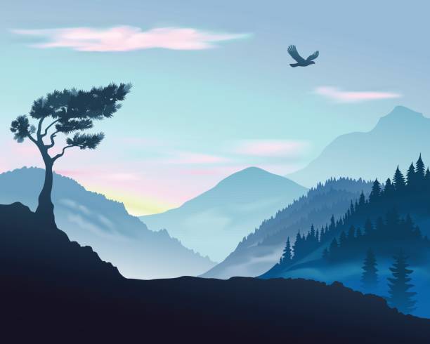 Vector illustration of mountains Vector illustration of landscape with mountains at sunrise wind silhouettes stock illustrations