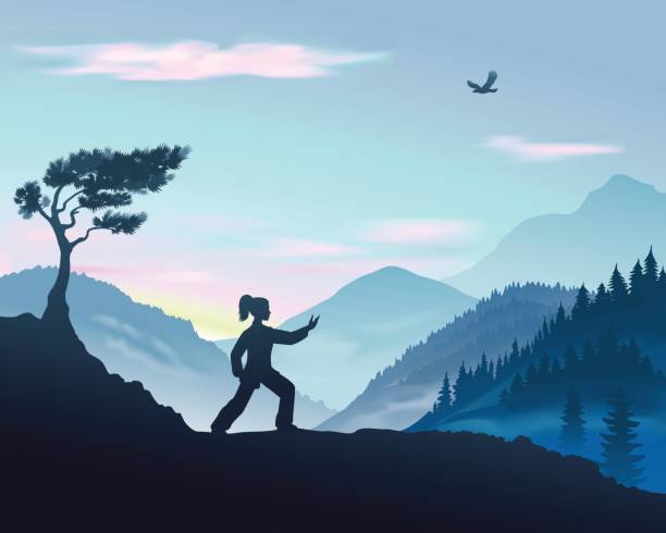 Illustration of Parting The Wild Horse's Mane Form of Tai Chi Vector illustration of yang woman performs Parting The Wild Horse's Mane Form of Tai Chi in the mountains qi gong stock illustrations