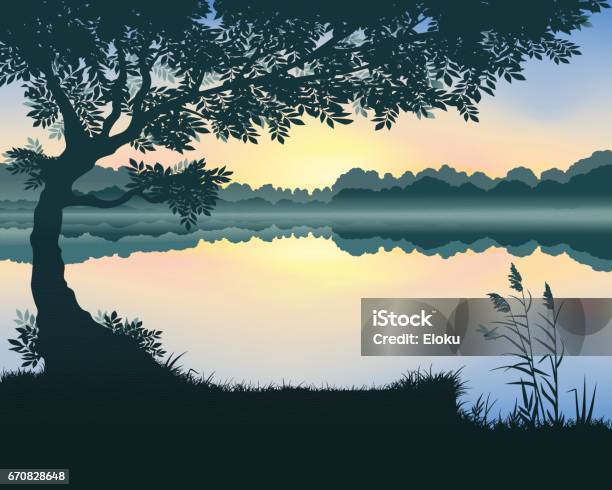 Illustration Vectorielle Du Lac Vecteurs libres de droits et plus d'images vectorielles de Arbre - Arbre, Lac, Silhouette - Contre-jour