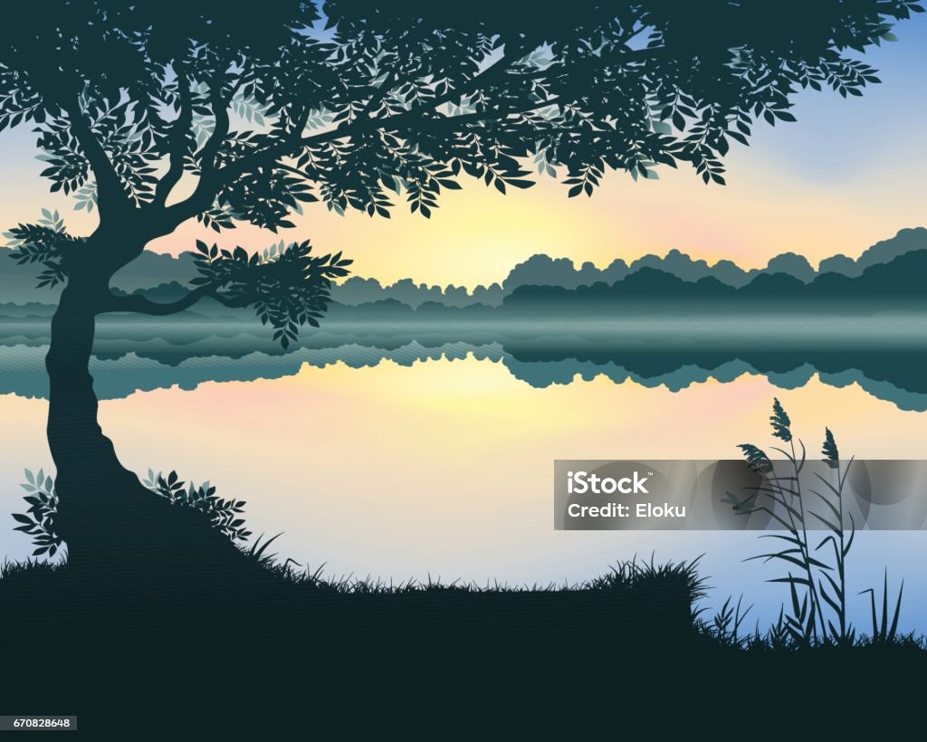 Vector illustration of the lake Vector illustration of landscape with a lake at dawn Tree stock vector