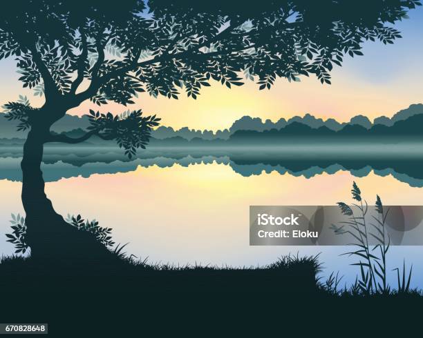 Vector Illustration Of The Lake Stock Illustration - Download Image Now - Tree, Lake, In Silhouette