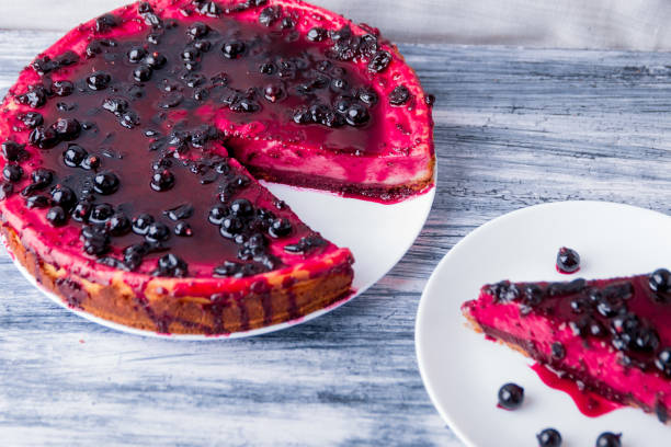 istock Piece of cheesecake on white plate  with currant on colored wooden background. 670835596