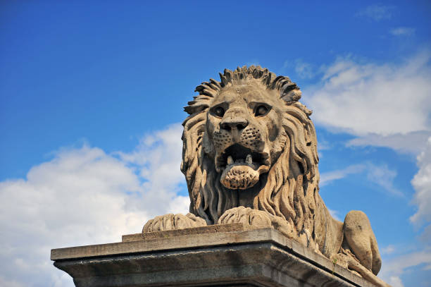 istock Stone lion monument in the Chain bridge of Budapest 670838718